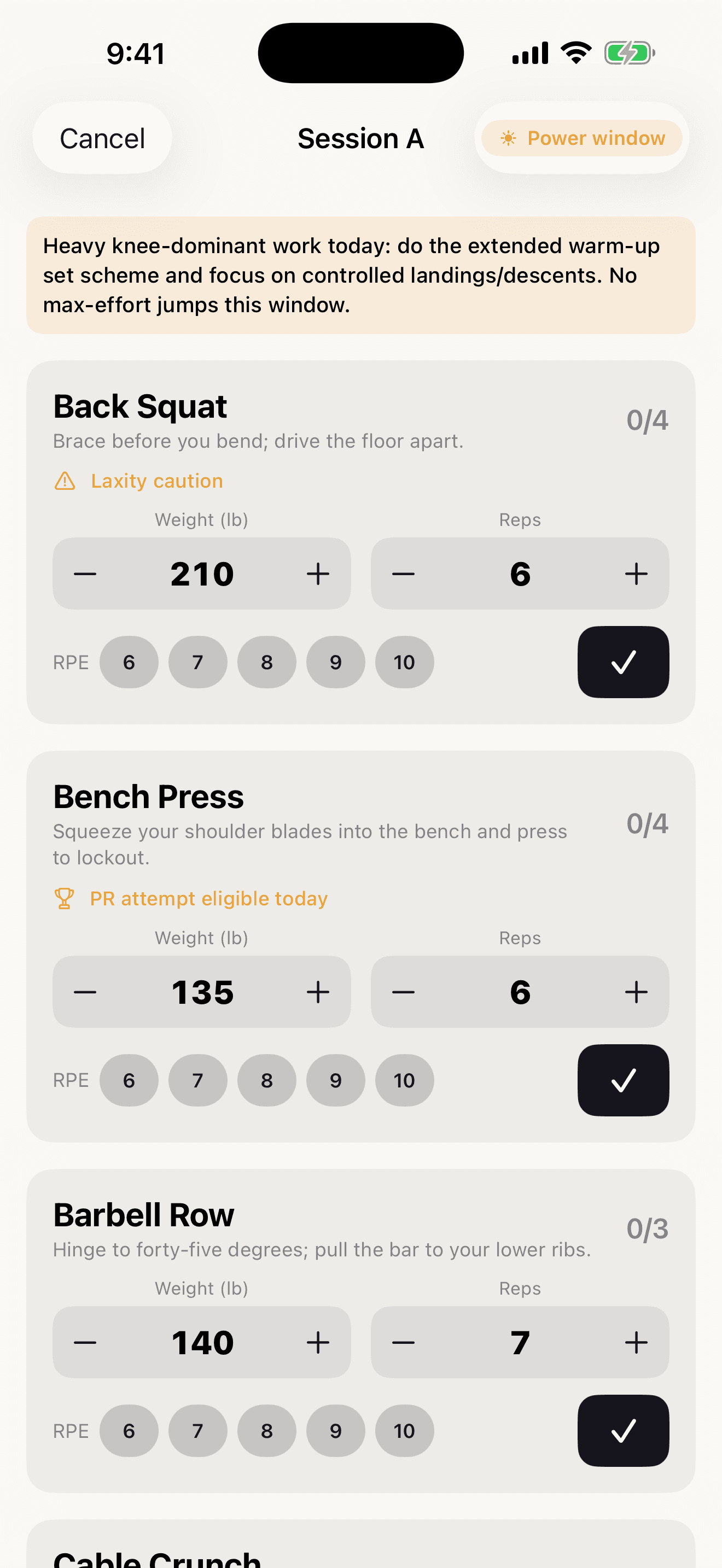 Phase in-session logging screen with weight, reps, RPE and a laxity-caution note