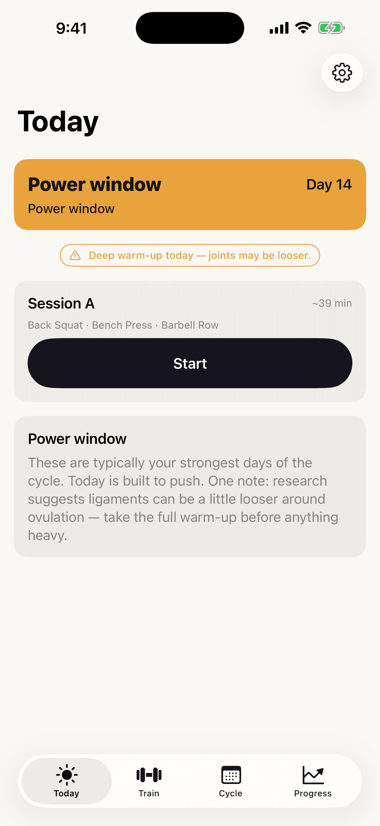 Phase Today screen showing a Power window day with today's session