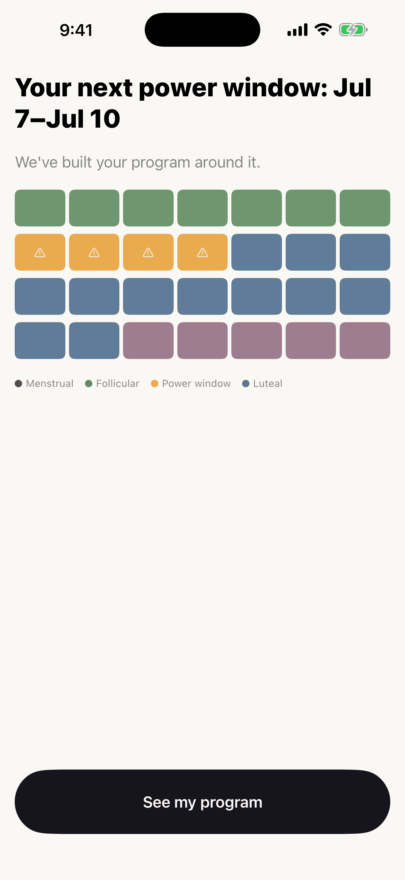 Phase app showing the next power window mapped on a four-week phase plan